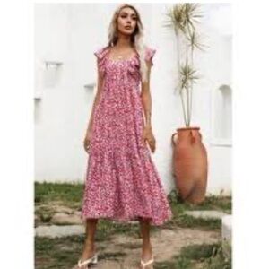 Zara floral print midi dress ruffle shoulders, size Large